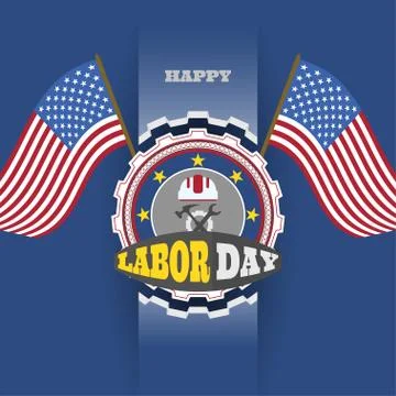 Vector poster of Happy Labor Day with label of gear, flags on the dark blue.. Stock Illustration