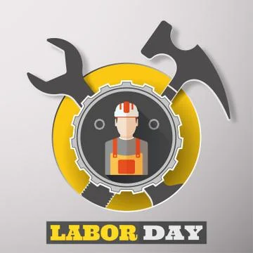 Vector poster of Happy Labor Day with label of gear with worker, round cuto.. Stock Illustration