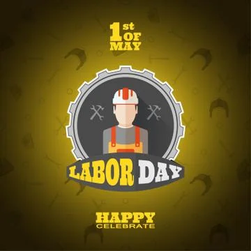 Vector poster of Happy Labor Day with gray label of gear cut from paper, ye.. Stock Illustration