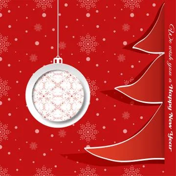 Vector poster to Happy New Year with Christmas tree and ball cut from paper o Stock Illustration