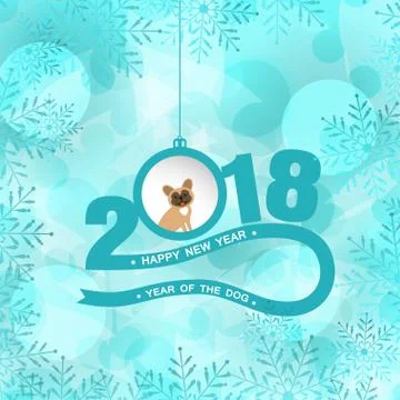 Vector poster for Happy New Year with numbers, stripe, hanging ball with dog  Stock Illustration