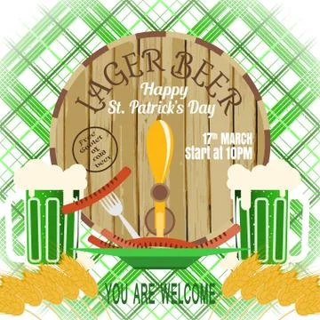 Vector poster for Happy St. Patrick's Day with barrel, mug, goblet of beer,.. Stock Illustration