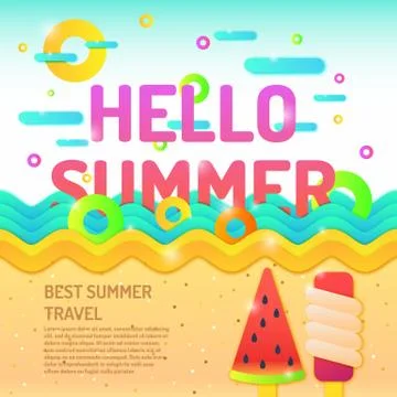 Vector poster Hello summer and seascape. Stock Illustration