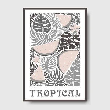 Vector poster illustration with abstract tropical leaves and lettering isol.. Stock Illustration