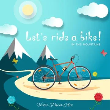 Vector poster of Let's ride a bike in the mountains on the gradient blue ba.. Stock Illustration
