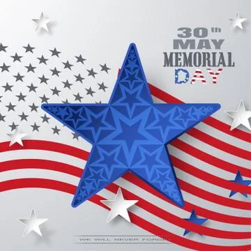 Vector poster of Memorial Day with big blue star cut from paper with patter.. Stock Illustration