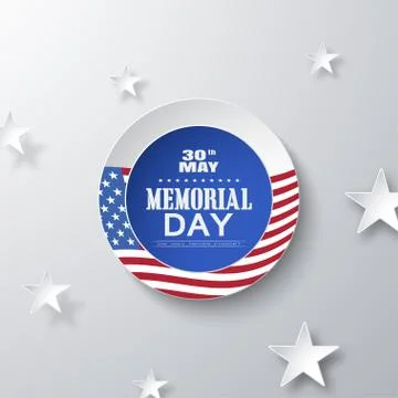 Vector poster of Memorial Day with round label cut from paper with american.. Stock Illustration