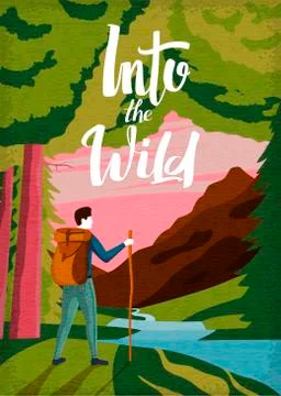 Vector poster - mountains, forest and hiking man with backpack looking forward Stock Illustration