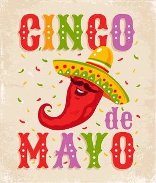Vector poster on old paper for Cinco de mayo with red mexican chilli. Chili i 库存插图