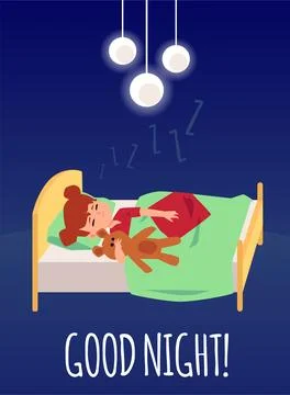 Vector poster or banner with the image of a girl sleeping in her bed. Stock Illustration