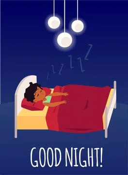 Vector poster or banner with the image of a boy sleeping in his bed. Stock Illustration