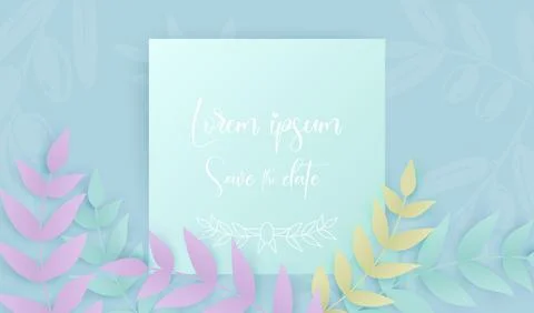 Vector poster in paper art style with tropical different leaves and white text Stock Illustration