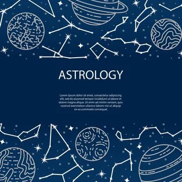 Vector poster with planets and constellations. Astrological background. A tem Stock Illustration