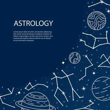 Vector poster with planets and constellations. Astrological background. A tem 스톡 일러스트