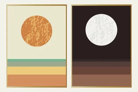 Vector poster. Posters with an abstract landscape. The sun and the moon. Se.. Stock Illustration
