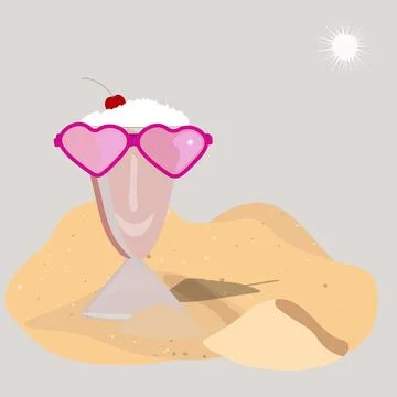 Vector poster with sand on the beach, glass with soft drink Stock Illustration