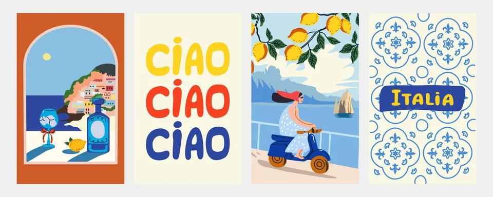 Vector poster set with Amalfi Coast, lemons, coastal architecture, girl on .. Stock Illustration
