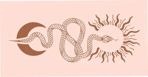 Vector poster set of mystical magic objects- snake, moon and sun, line art. S Stock Illustration