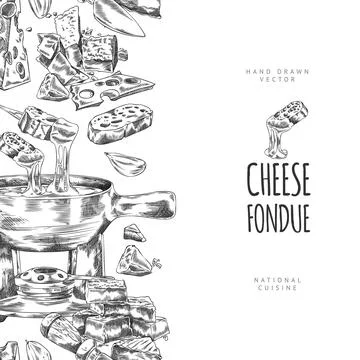 Vector poster with side seamless border of cheese fondue ingredients and Stock Illustration