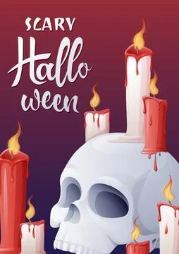 Vector poster with a skull and candles. Postcard for the holiday. Happy Hallo Stock Illustration