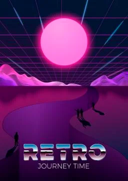 Vector poster template in 80s retro futurism style, digital sun over the canyon Stock Illustration