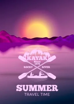 Vector poster template in 80s retro style, kayak camping label over the river Stock Illustration