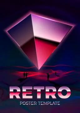 Vector poster template in 80s retro futurism style, with big metall pyramid Stock Illustration