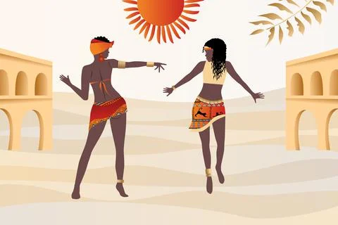 Vector, poster. Two beautiful African women dancing  in the desert, plants, a Stock Illustration