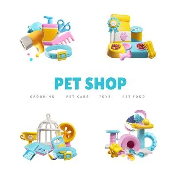 Vector poster on a white background with elements of a 3D pet store and grooming Stockillustratie