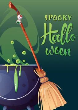 Vector poster with witches cauldron with potion and broom. Postcard for the h Stock Illustration