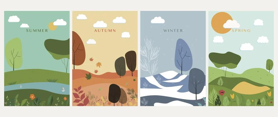 Vector posters. Illustrations of the four seasons are summer, autumn, winte.. Stock Illustration