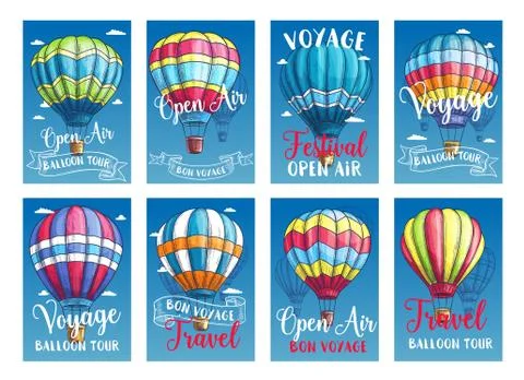 Vector posters or cards hot air balloon trip tour Illustrazione stock