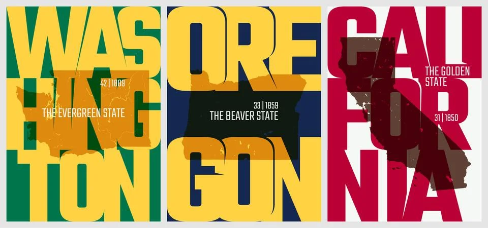 Vector posters states of the United States with a name, nickname, date admitt Stock Illustration