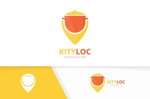 Vector pot and map pointer logo combination. Kitchen and gps locator symbol or Stock Illustration