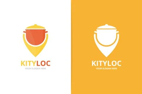 Vector pot and map pointer logo combination. Kitchen and gps locator symbol or Stockillustratie