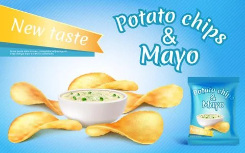 Vector potato chips and mayo in bowl. Stock Illustration