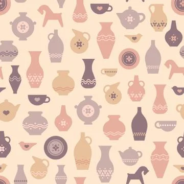 Vector pottery seamless pattern with vases and other pottery craft. Stock Illustration