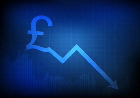 Vector : Pound logo with arrows and decreasing graph on blue background Stock Illustration