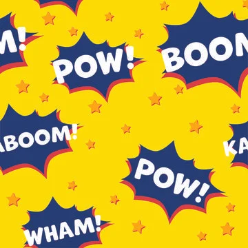 Vector of pow, boom wham text over blue explosions on yellow background Stock Illustration