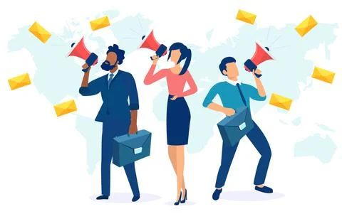 Vector of a PR team business men and a businesswoman making an announcement Stock Illustration