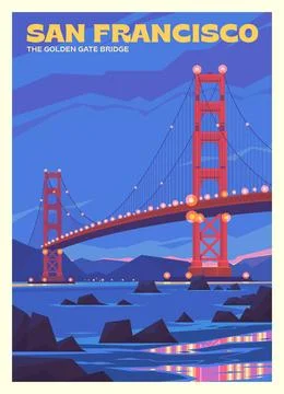 Vector premium travel poster. Evening View of the Golden Gate Bridge in San F Stock Illustration