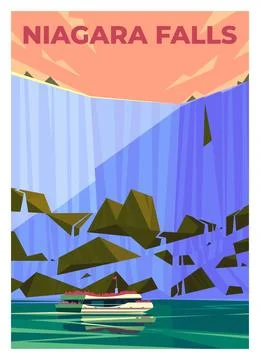 Vector premium travel poster. A small ship with tourists sails past the majes Stock Illustration