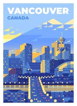 Vector premium travel poster. View of downtown Vancouver, Canada. Modern buil Stock Illustration