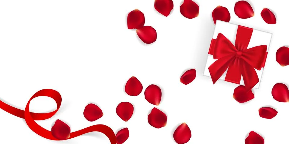 Vector present box with rose petals. Valentines day, womens day and holidsy Stock Illustration