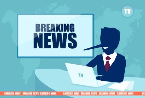 Vector of a presenter with a long liar nose reporting false media information Stock Illustration