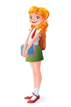 Vector pretty smiling school student redhead girl standing with books. Stock Illustration