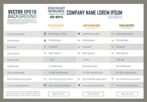 Vector pricing table template. Web banners boxes hosting plans. Pricing for web Stock Illustration