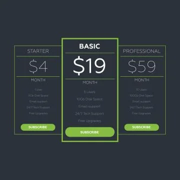 Vector pricing table for websites and applications 스톡 일러스트
