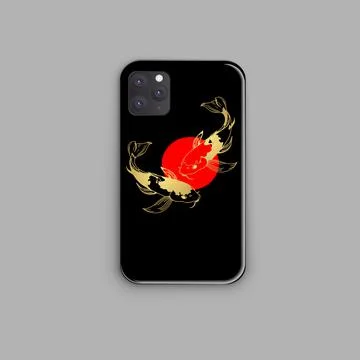 Vector print design for smartphone case. Golden Japanese carps and a red circ Stock Illustration