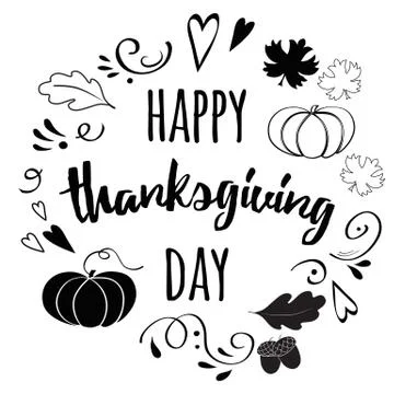Vector print with hand drawn black pampkin and thanksgiving inspirational quo Stock Illustration